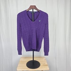 Ralph Lauren Sport Sweater Womens M Purple Cable Knit V Neck Vintage Hong Kong